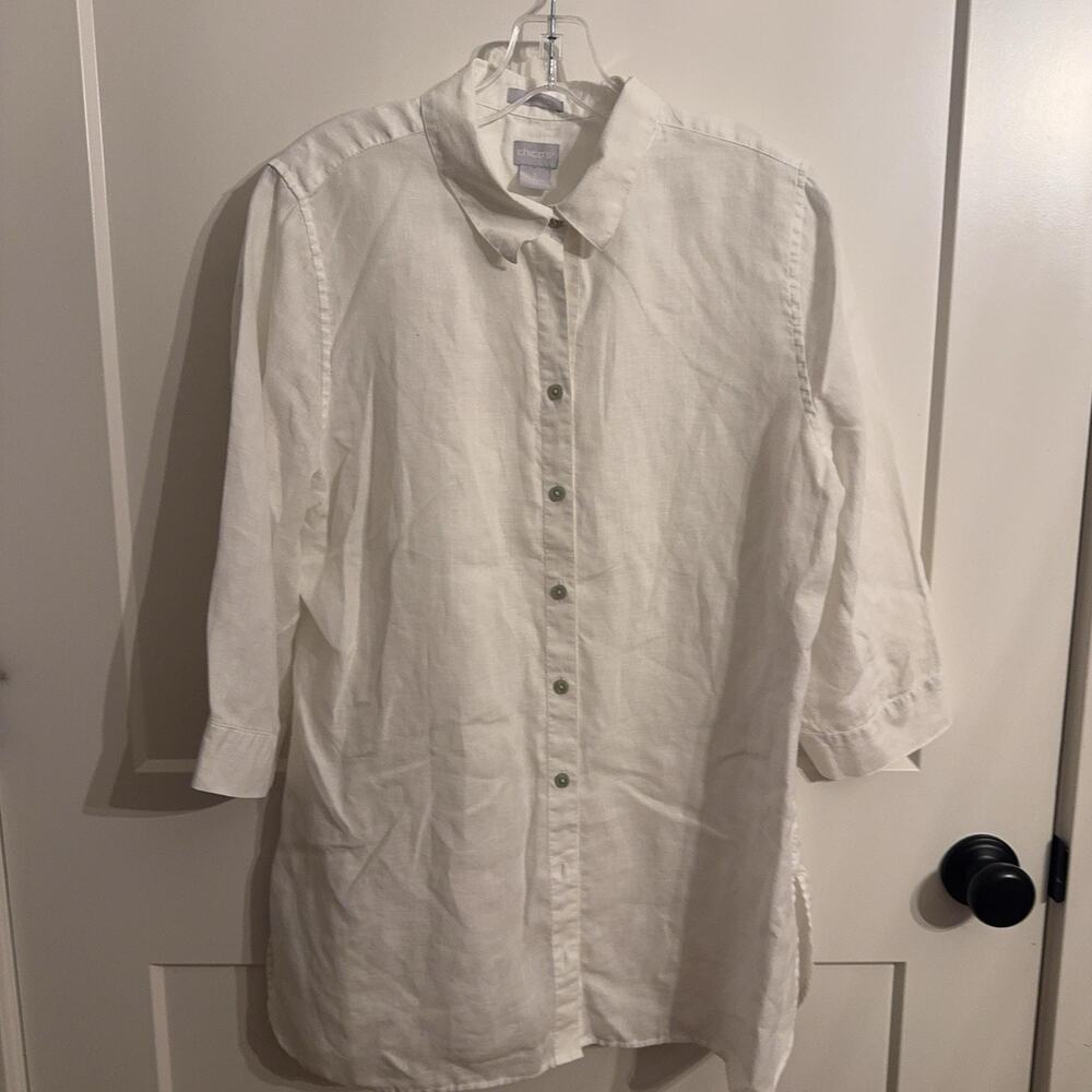 Chicos Linen Tunic Shirt Womens L White Button Front Collared 3/4 Sleeve Summer